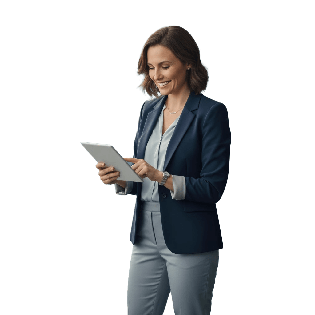 Weiblich gelesene Person mit Tablet