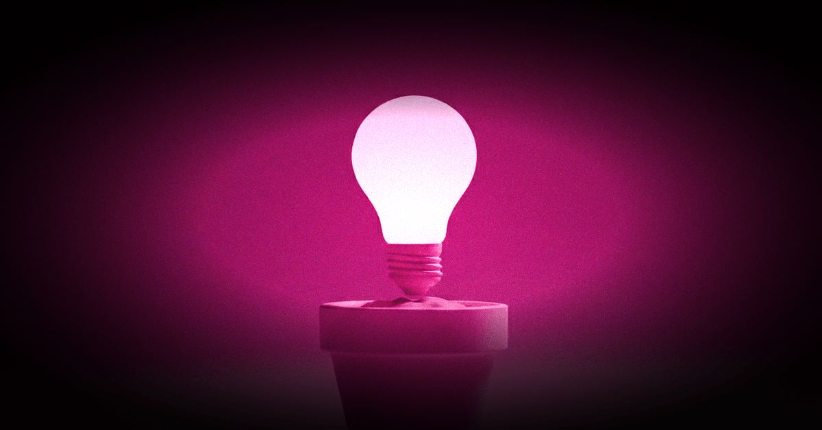 3D-Illustration einer leuchtenden Glühbirne in einem Blumentopf auf einem Podest