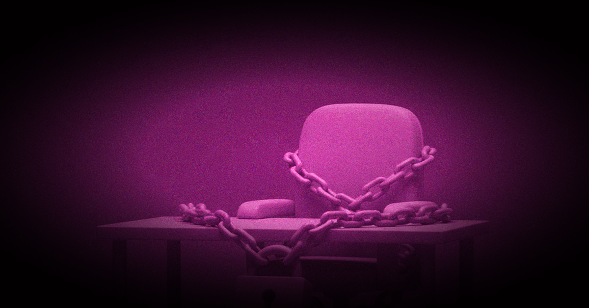 3D-Illustration eines Bürostuhls und Schreibtisches mit Ketten und Vorhängeschloss