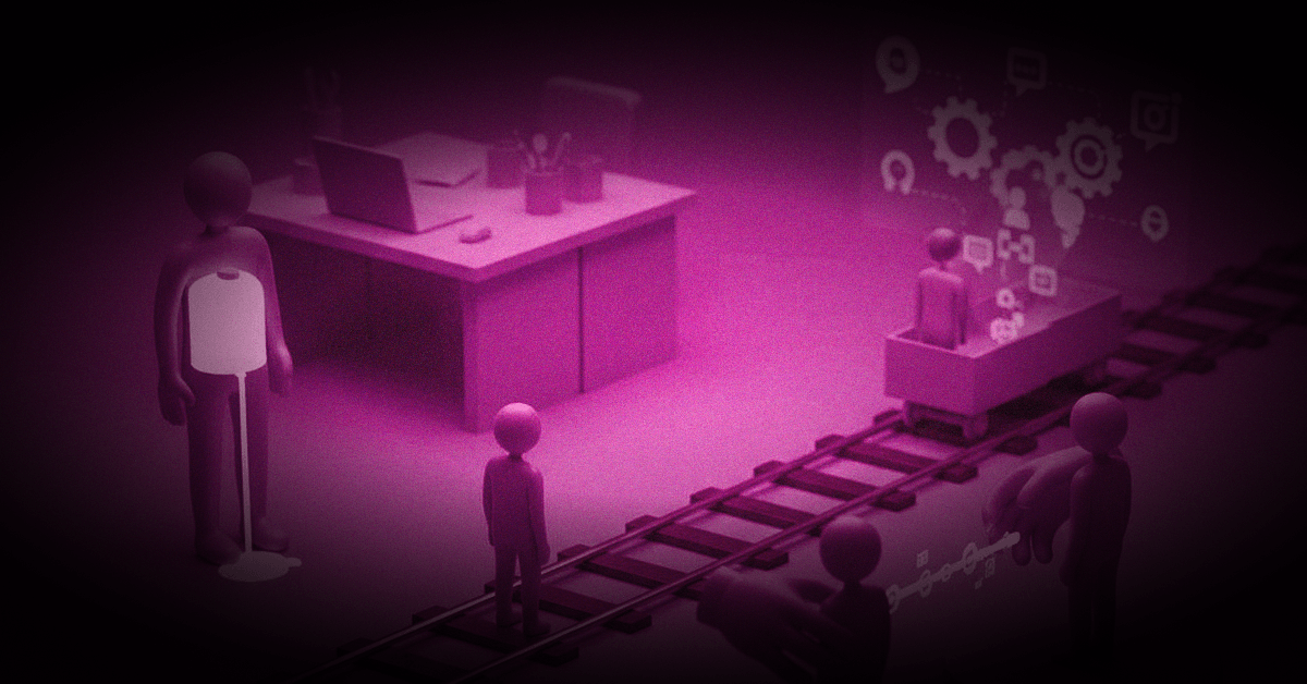 3D-Illustration mehrerer Figuren auf einem Eisenbahngleis mit digitalem Interface – Business Beat Blogbeitrag zu 10 Gründen für DEI im Unternehmen, in dunklem Pink-Magenta-Farbton