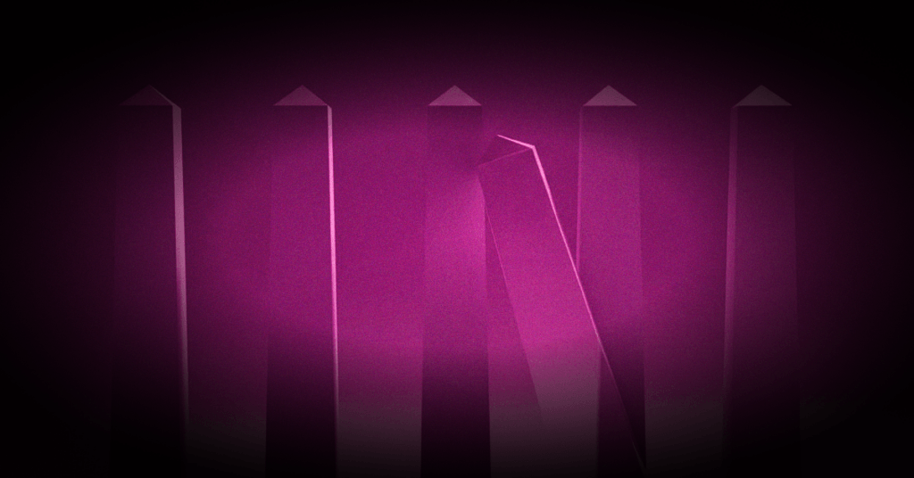 3D-Illustration von fünf aufrechten Säulen, eine davon umgekippt