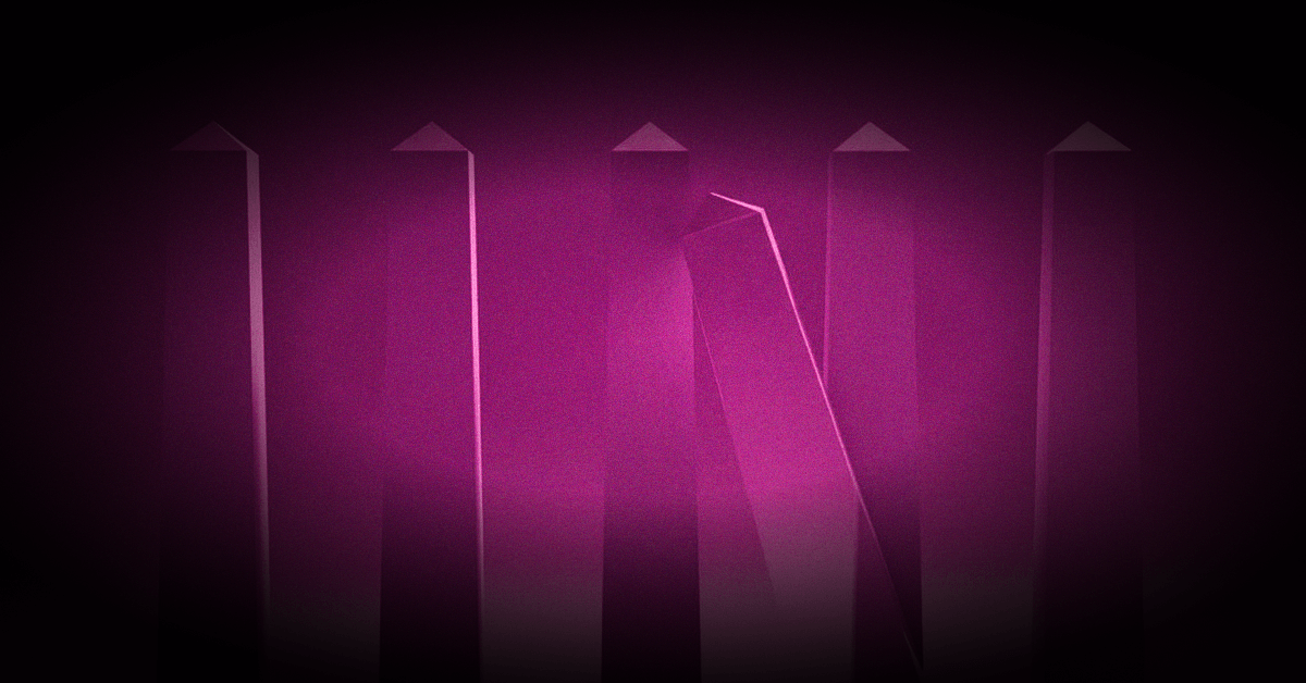 3D-Illustration von fünf aufrechten Säulen, eine davon umgekippt